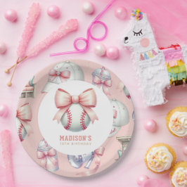Plato De Papel Girl Birthday Personalized Pink Baseball Bow