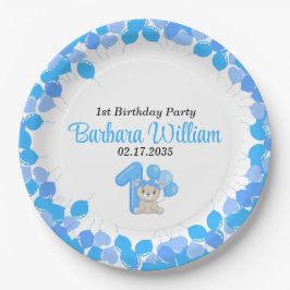 Plato De Papel Girl Blue Bear 1st Birthday Paper Plates
