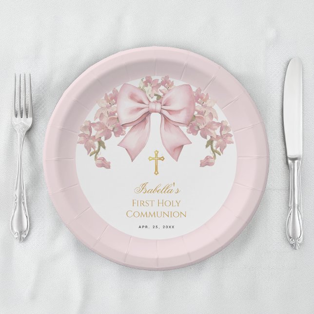 Plato De Papel Girl First Communion Pink Bow Floral & Gold Cross (Subido por el creador)