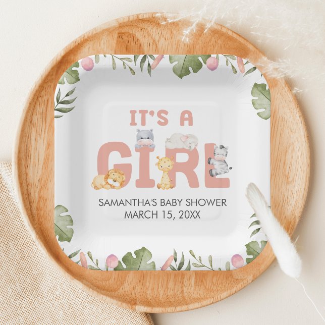 Plato De Papel Girl Safari Animal Baby Shower  (Safari Jungle Animals Baby Shower Paper Plate)