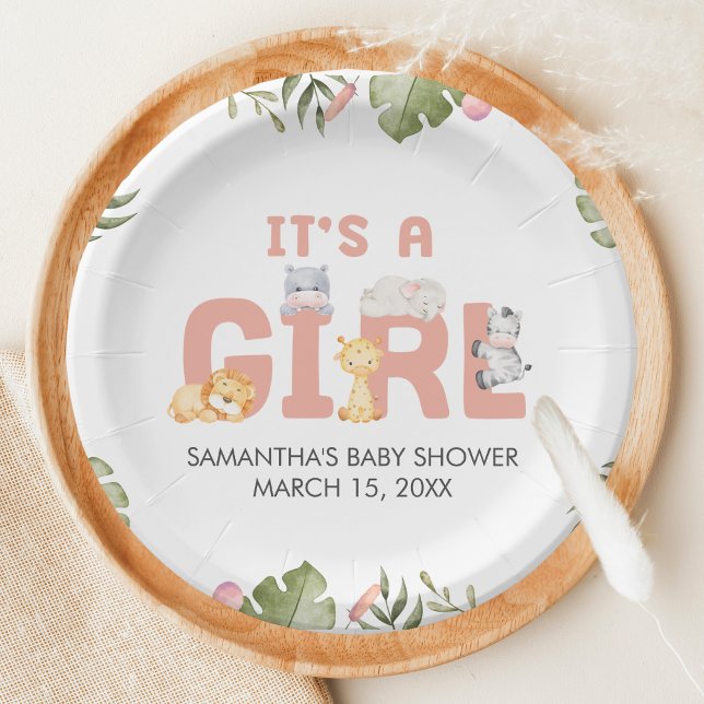Plato De Papel Girl Safari Animal Baby Shower  (Safari Jungle Animals Baby Shower Paper Plate)