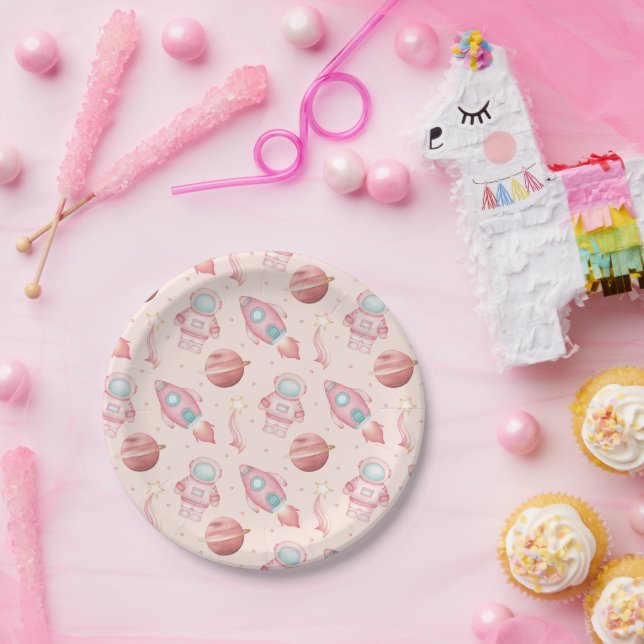 Plato De Papel Girls Birthday Kids Pink Astronaut (Fiesta)