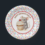 Plato De Papel Girl's Birthday Party | Mouse & Cupcake<br><div class="desc">A cute girl's birthday birthday personalized paper plates with a sweet mouse and cupcake theme. Pink,  beige and cherry red sprinkles on a cute vanilla cupcake being held by a watercolor mouse!</div>
