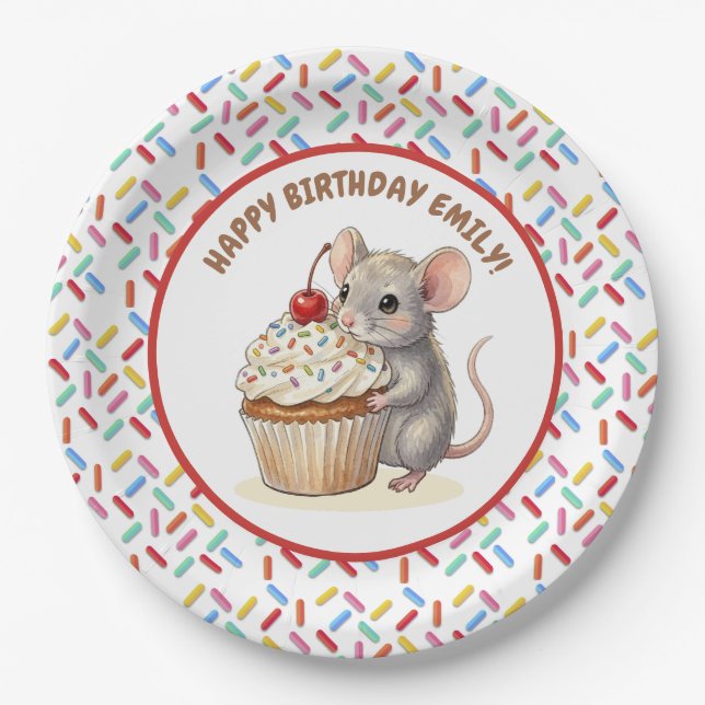 Plato De Papel Girl's Birthday Party | Mouse & Cupcake   (Anverso)