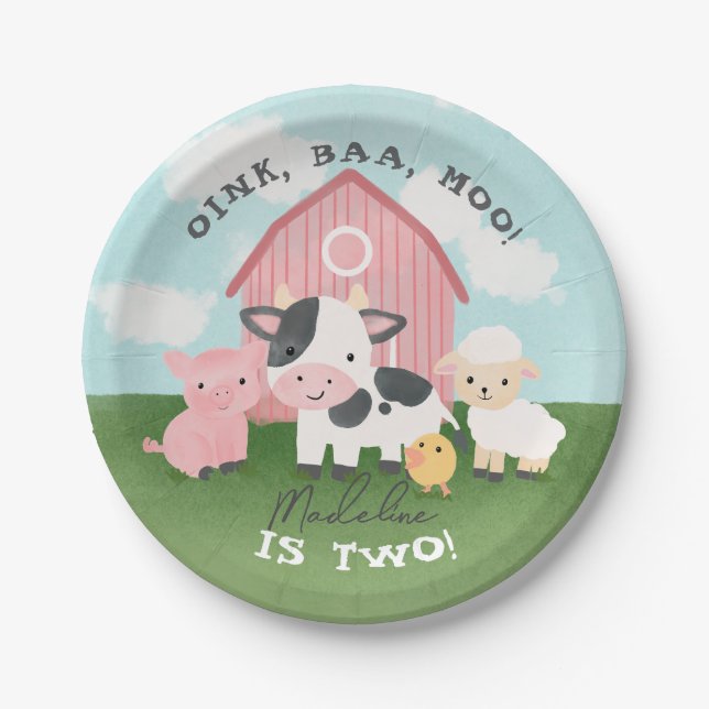 Plato De Papel Girls Cute Farm Animal Barnyard 2nd Birthday (Anverso)