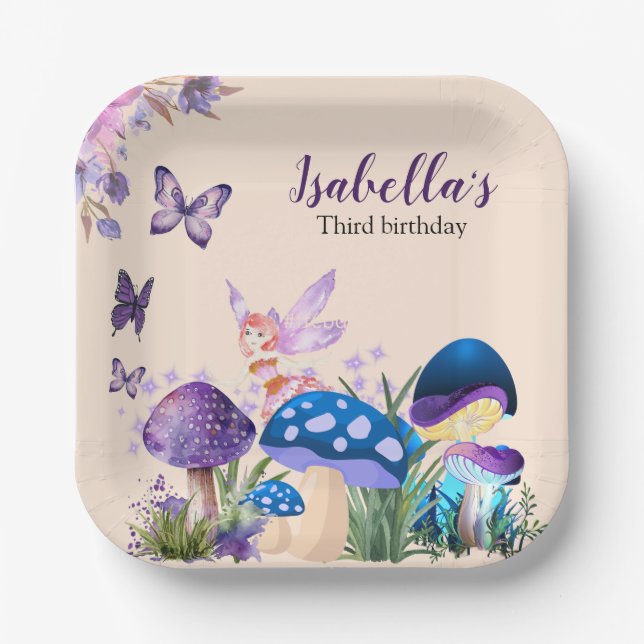 Plato De Papel Girls Fairy Purple Mushroom Butterfly Birthday (Anverso)