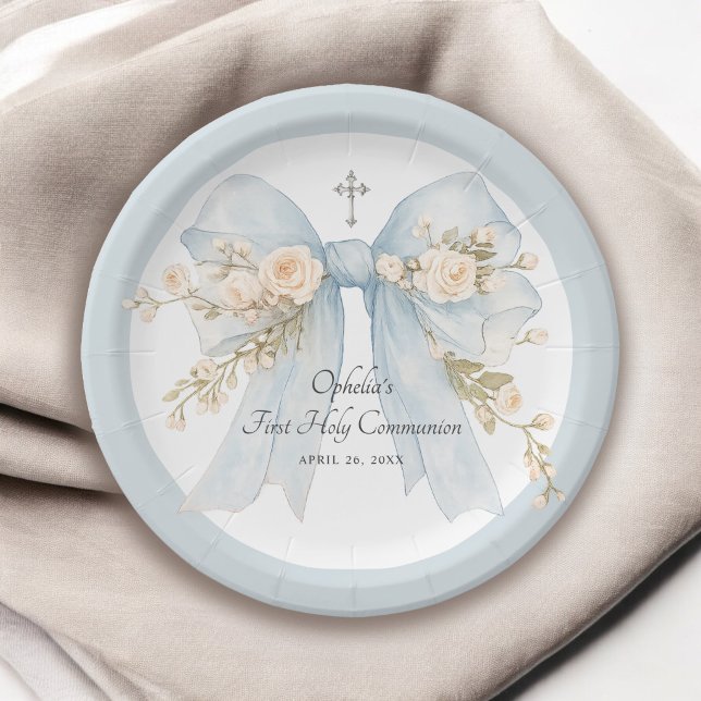 Plato De Papel Girl's First Communion Dusty Blue Floral Bow (Subido por el creador)