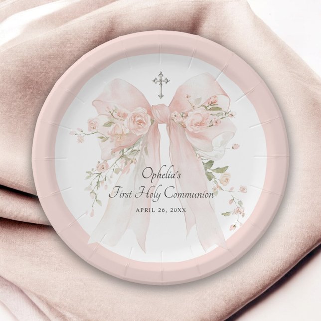Plato De Papel Girl's First Communion Pink Bow Floral (Subido por el creador)