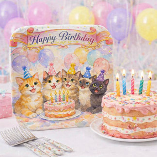 Plato De Papel Girls Party Happy Birthday Cute Cats Paper Plate