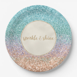 Plato De Papel Girly Aqua Peach Gold Mint Mermaid Purpurina