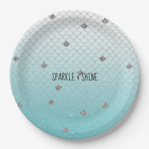Plato De Papel Girly Aqua Silver Purpurina Sparkle Mermaid