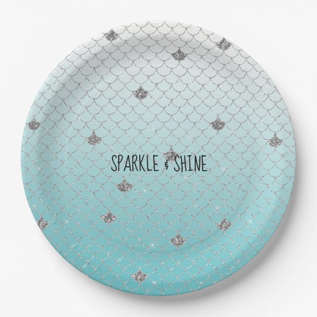 Plato De Papel Girly Aqua Silver Purpurina Sparkle Mermaid (Anverso)