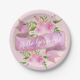 Plato De Papel Girly Bonito Floral Rubor Rosa Hola espléndido oro
