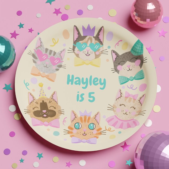 Plato De Papel Girly Colorful Pastel Kitty (Girly Colorful Pastel Kitty Cat Birthday Party Paper Plates)