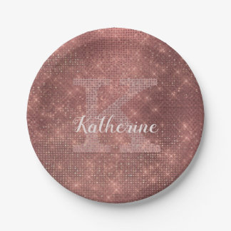 Plato De Papel Girly Copper Diamond Sparkle Glam Monograma Nombre