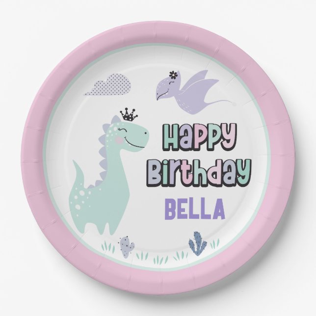 Plato De Papel Girly Dinosaur A-Roar-able Feliz cumpleaños (Anverso)