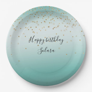 Plato De Papel Girly Glam Gold Sparkle Confetti Mint Ombre