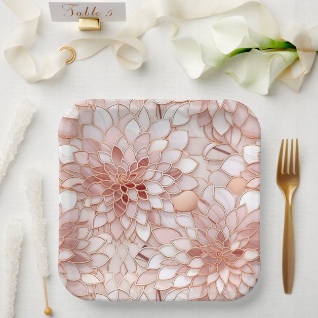 Plato De Papel Girly Glam Pink Rose Gold Floral (Boda)