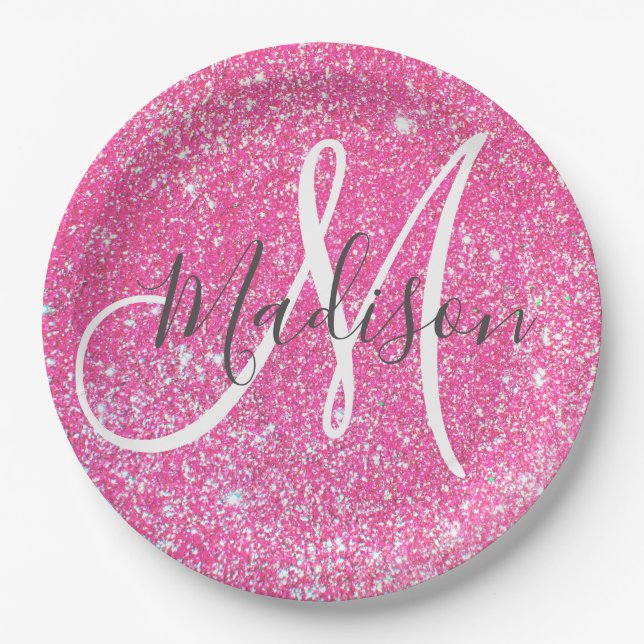 Plato De Papel Girly Glam Purpurina rosa caliente Esparkles Monog (Anverso)