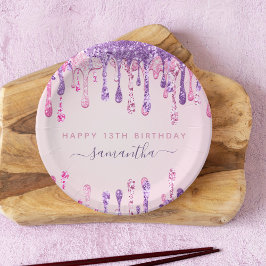 Plato De Papel Girly Glam Purpurina rosado morado goteo 13 cumple