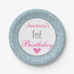 Plato De Papel Girly Glam Rosa y Azul Claro Brillo Cumpleaños 1