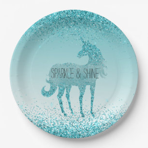 Plato De Papel Girly Glitz Aqua Turquoise Purpurina Unicorn