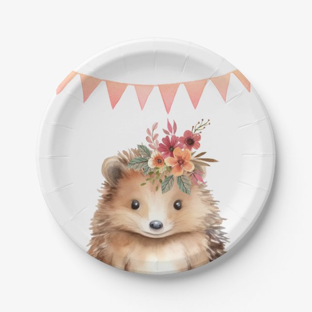Plato De Papel Girly hedgehog, cumpleaños de niños (Anverso)