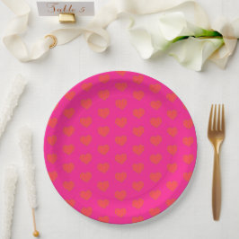 Plato De Papel Girly Hot Pink & Naranja Heart Pattern