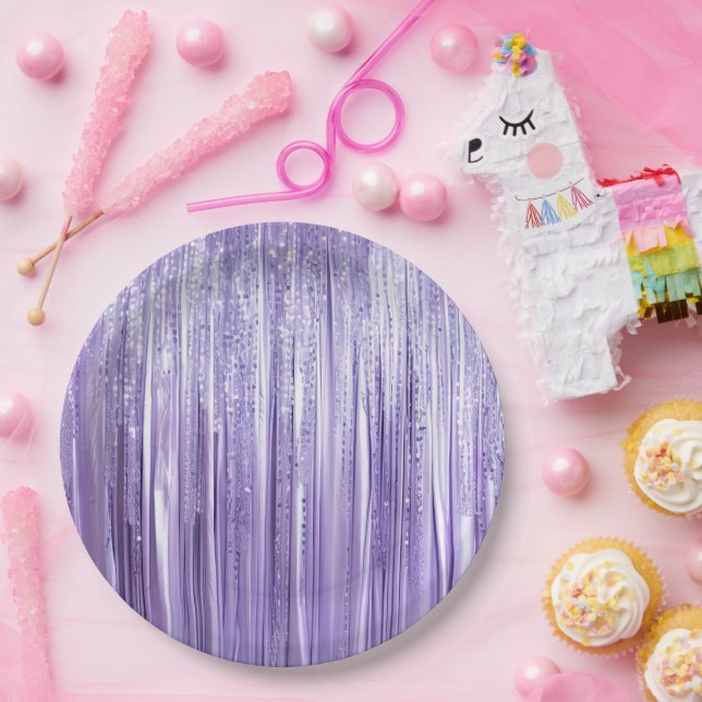 Plato De Papel Girly Lavender Purple Glam Tinsel Stripes (Fiesta)