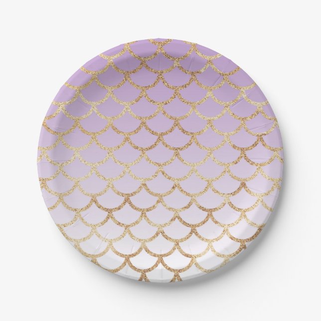 Plato De Papel Girly Lilac Purple Gold Mermaid Purpurinas (Anverso)