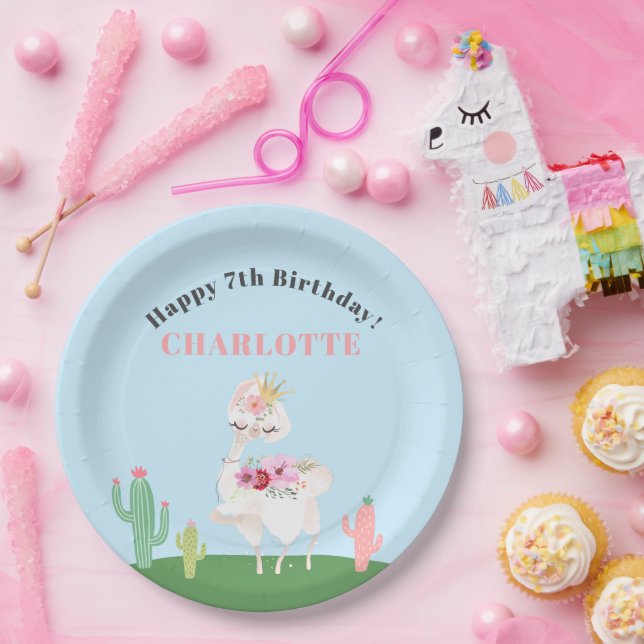 Plato De Papel Girly Llama Floral Cactus Birthday (Fiesta)