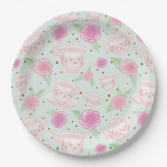 Plato De Papel Girly Mint Gold Tea Fiesta (Anverso)