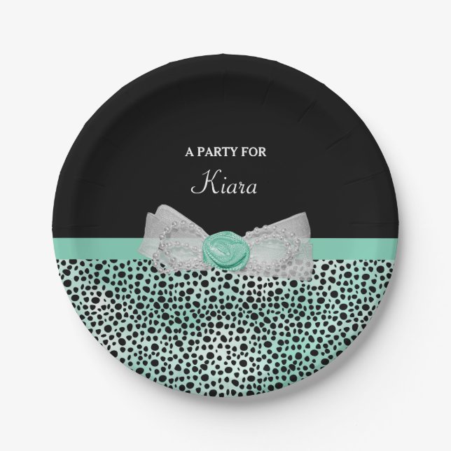 Plato De Papel Girly Mint Green Cheetah Print Cute Bow Nombre Fie (Anverso)