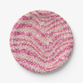Plato De Papel Girly Pink Blush Glitter Zebra Pattern            