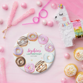 Plato De Papel Girly Pink Donuts Watercolor Fiesta de cumpleaños