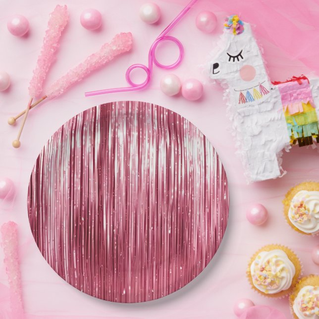 Plato De Papel Girly Pink Glam Tinsel Stripes (Fiesta)