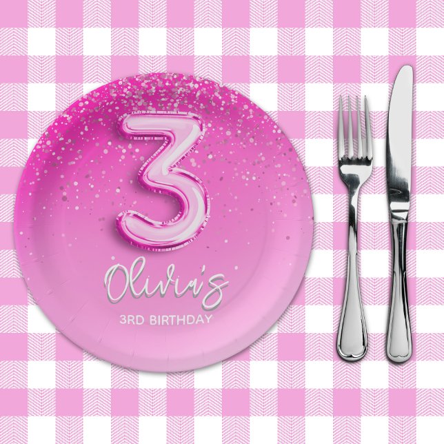 Plato De Papel Girly Pink Glitter Balloon 3rd Birthday (Subido por el creador)