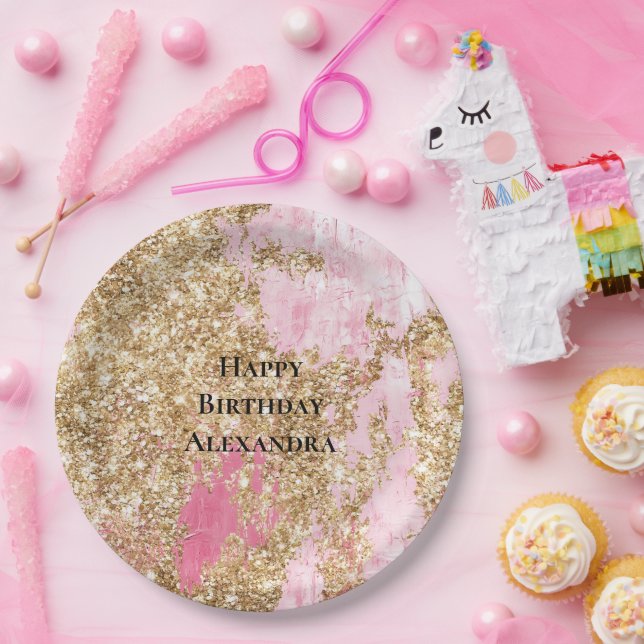Plato De Papel Girly Pink Gold Purpurina Cumpleaños (Fiesta)