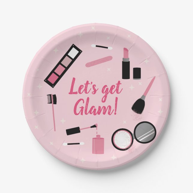 Plato De Papel Girly Pink Makeup Glamour Cumpleaños (Anverso)