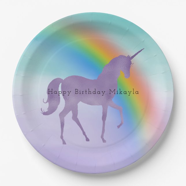 Plato De Papel Girly Purple Unicorn Rainbow personalizado (Anverso)