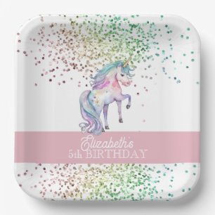 Plato De Papel Girly Rainbow Purpurina Magnífico Unicornio Cumple