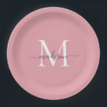 Plato De Papel Girly Rubor Gris rosa Monograma elegante Nombre de<br><div class="desc">Simple y moderno Rubor Gris Rosa Monograma Feminino Script Nombre Placa de papel</div>