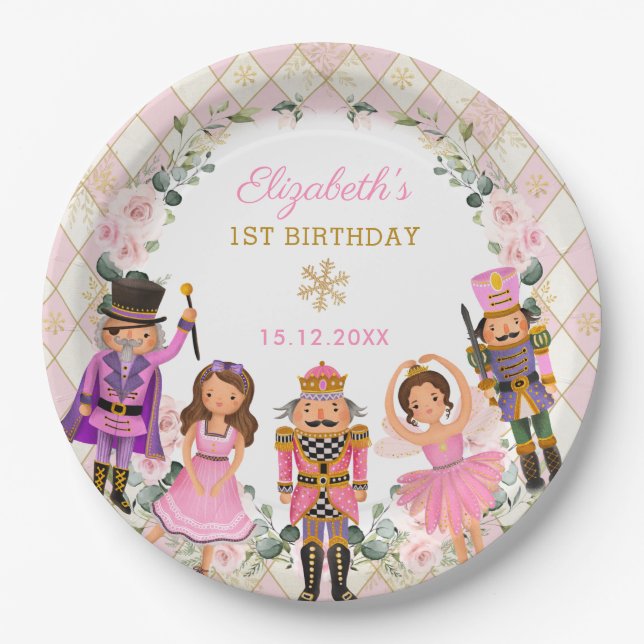 Plato De Papel Girly Rubor Nutcracker Birday Party Baby Girl (Anverso)
