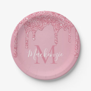 Plato De Papel Girly Rubor Perfora a Purpurina Rosado Monograma C