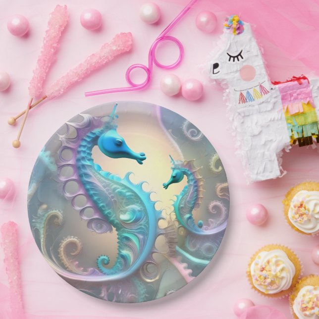 Plato De Papel Girly Seahorses Pastel Fractal Art, (Fiesta)
