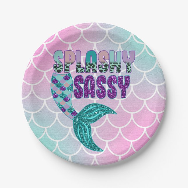 Plato De Papel Girly Splashy Sassy Pink Purple Green Mermaid (Anverso)
