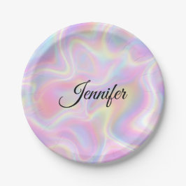 Plato De Papel Girly Vibrant Pastel Holographic Swirl Design     