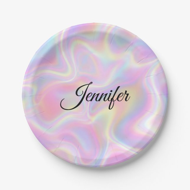 Plato De Papel Girly Vibrant Pastel Holographic Swirl Design      (Anverso)