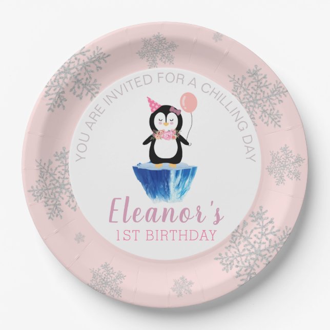 Plato De Papel Girly Winter Cute Penguin Pink Birday (Anverso)