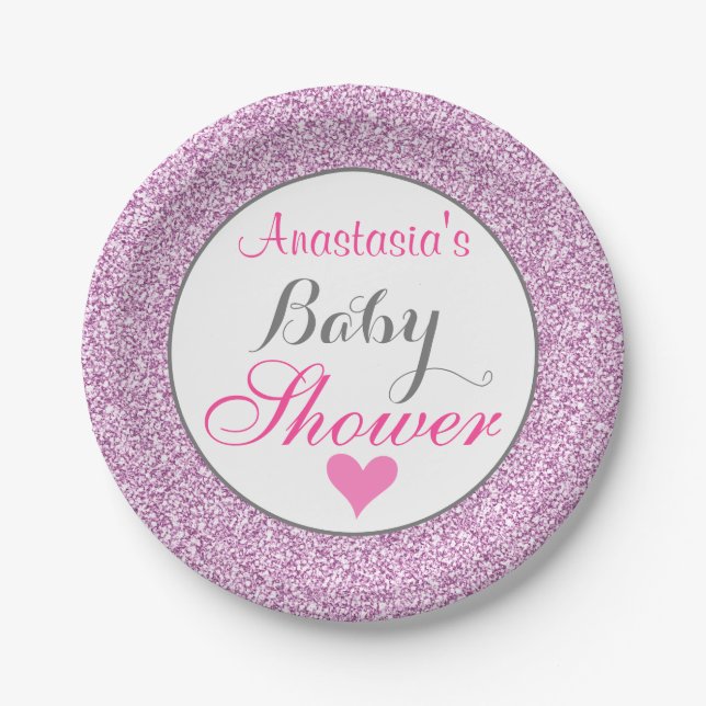 Plato De Papel Girly y Glam Pink Lilac Purpurina púrpura Baby Sho (Anverso)